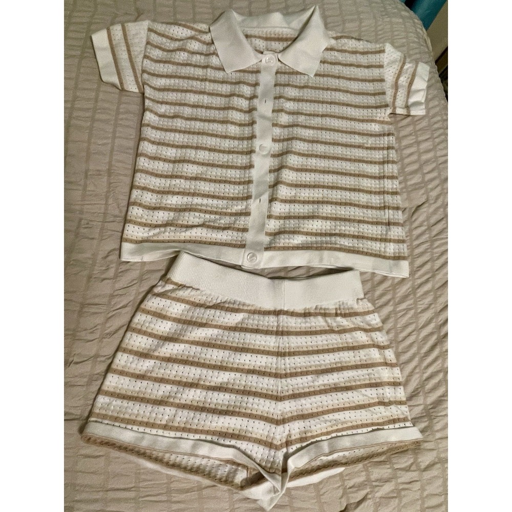 Striped White and Tan Sleepwear Set